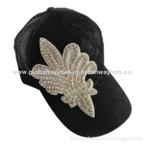 6 Panel Baseball Cap with Crystal Stone Patch Trim